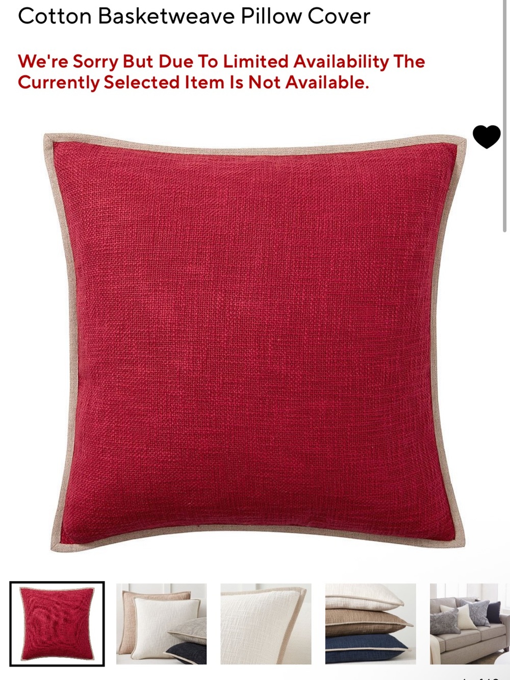 New Pottery Barn Retired Cotton Basketweave Pillow Cover, Cherry Red, 20”
